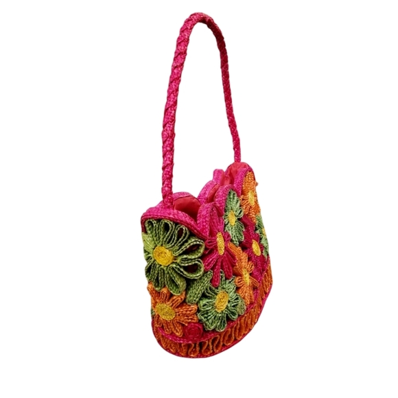 Floral Straw Shoulder Bag Summer Spring Multicolored Easter Grandma Core Preppy - Picture 2 of 4